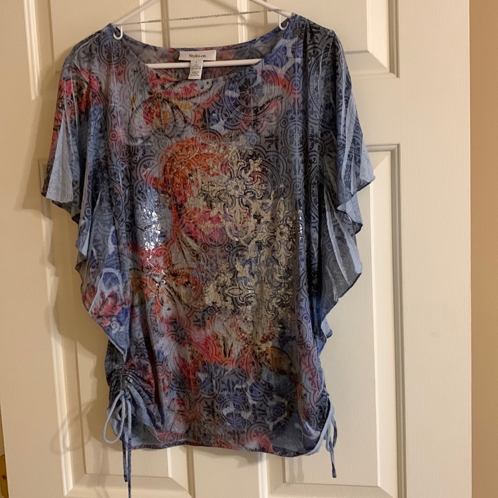 Style & Co womens large multicolored top. Flared sleeves and side ties.